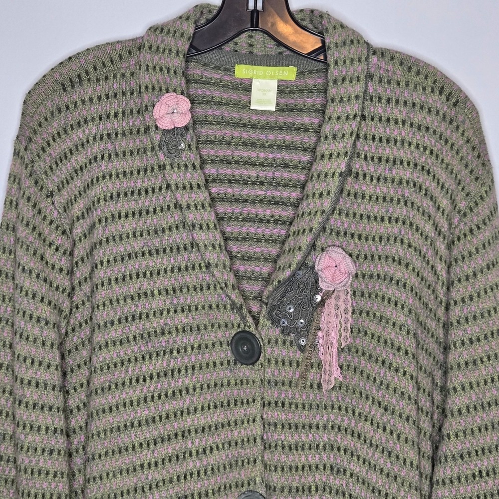 Sigrid Olsen Cardigan Sweater Wool Cashmere Blend Pink Green Floral Applique 3X
